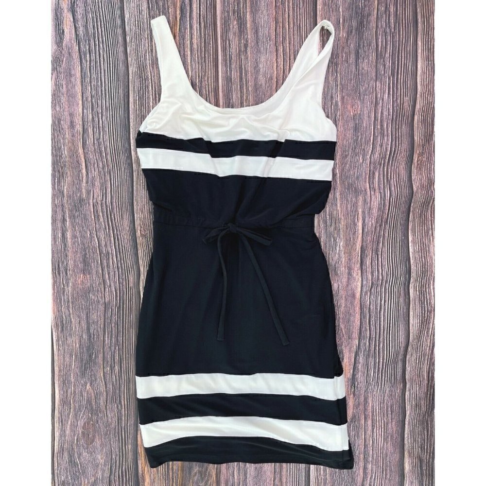 Ralph Lauren Sz 8 Black Knit Stripe Drawstring Shift Dress Elastic Waist m